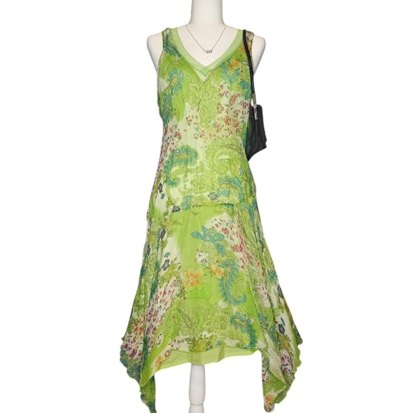 Early 2000s Fairy Green Paisley Asymmetrical Mesh Dress | Rene Derhy - Picture 1 of 8